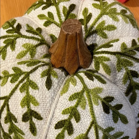 Embroidered Small Green and White Fabric Pumpkin - Picture 6 of 10